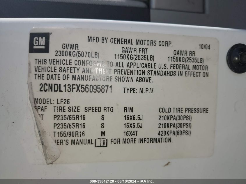 2005 Chevrolet Equinox Ls VIN: 2CNDL13FX56095871 Lot: 39612120