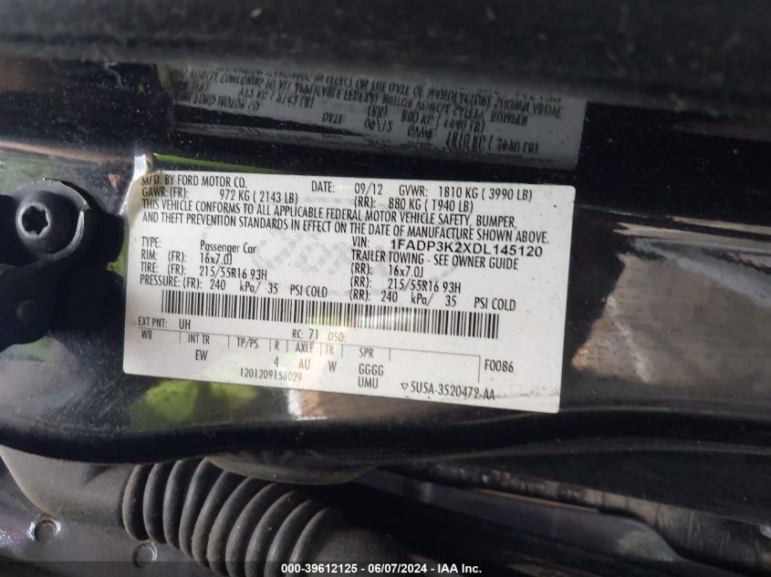 2013 Ford Focus Se VIN: 1FADP3K2XDL145120 Lot: 39612125