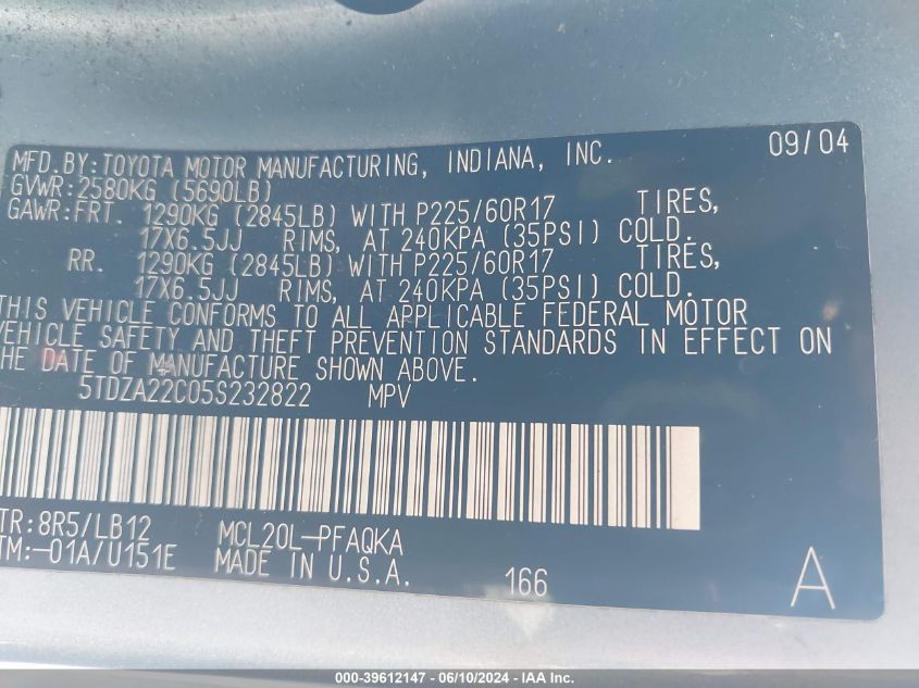 2005 Toyota Sienna Xle VIN: 5TDZA22C05S232822 Lot: 39612147