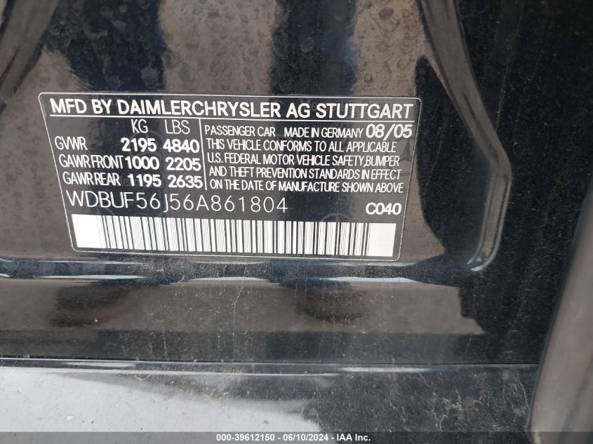 2006 Mercedes-Benz E 350 VIN: WDBUF56J56A861804 Lot: 39612150