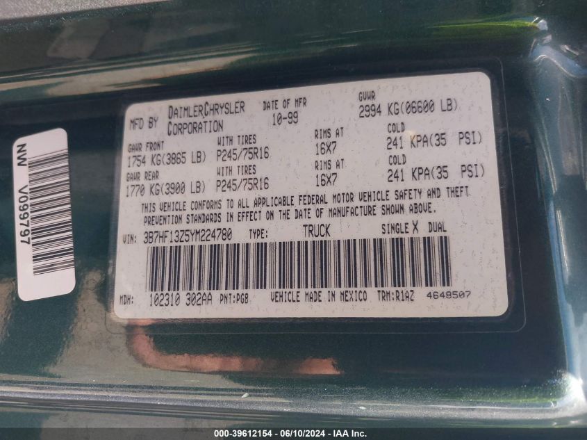 2000 Dodge Ram 1500 St VIN: 3B7HF13Z5YM224780 Lot: 39612154