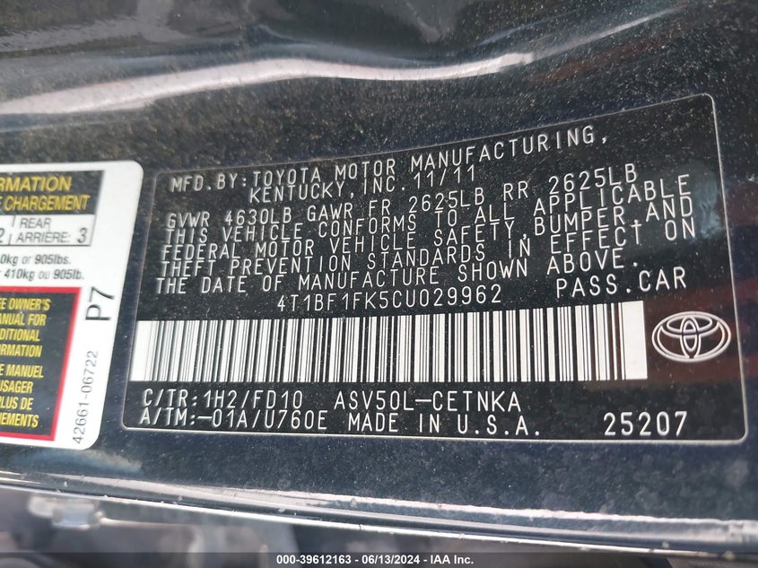 2012 Toyota Camry Le VIN: 4T1BF1FK5CU029962 Lot: 39612163