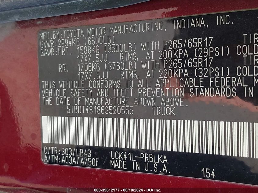 2006 Toyota Tundra Limited V8 VIN: 5TBDT48186S520555 Lot: 39612177