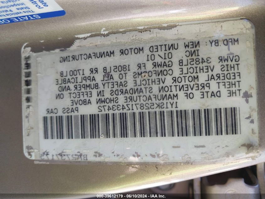 2001 Chevrolet Prizm VIN: 1Y1SK52871Z433472 Lot: 39612179