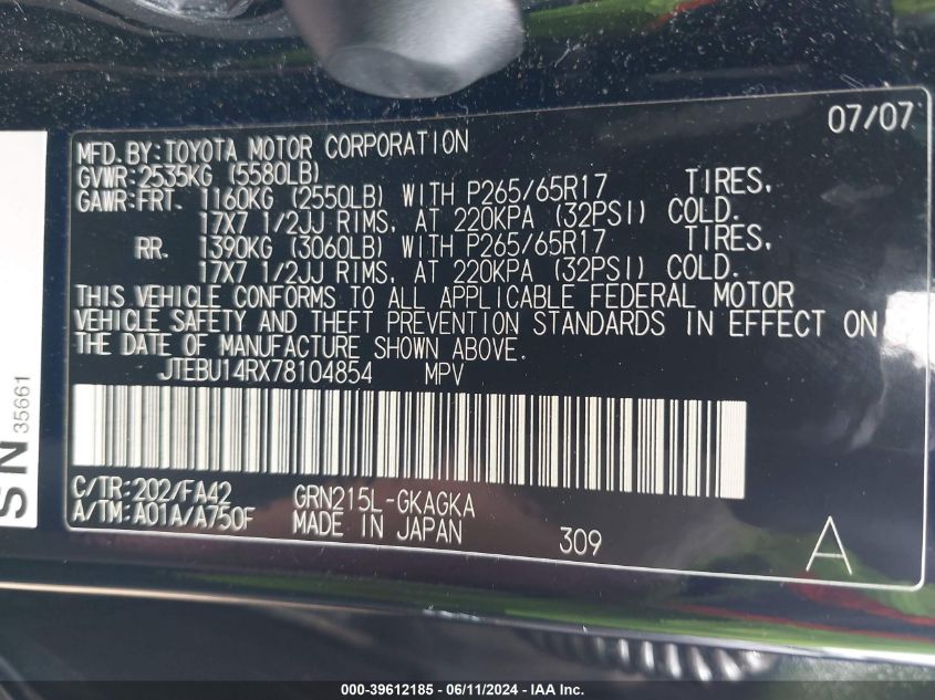 2007 Toyota 4Runner Sr5 V6 VIN: JTEBU14RX78104854 Lot: 39612185