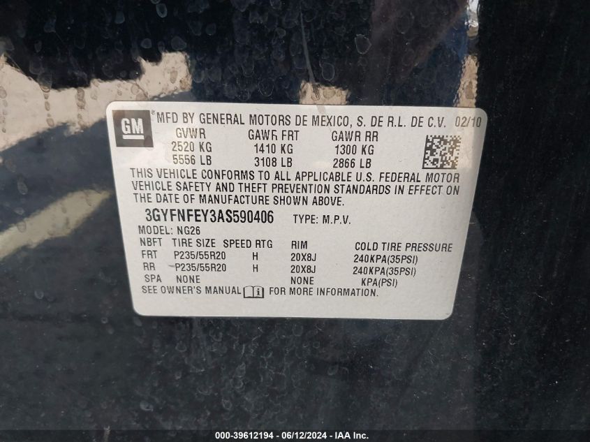 2010 Cadillac Srx Premium Collection VIN: 3GYFNFEY3AS590406 Lot: 39612194