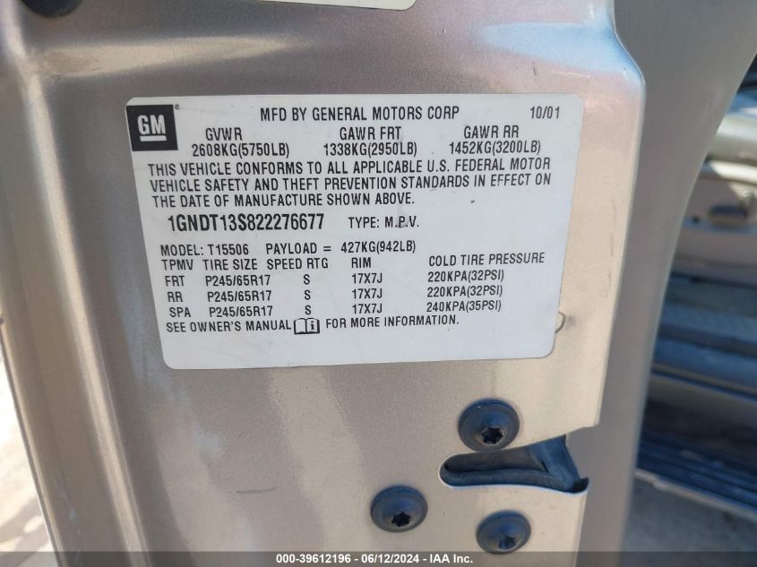 2002 Chevrolet Trailblazer Ltz VIN: 1GNDT13S822276677 Lot: 39612196