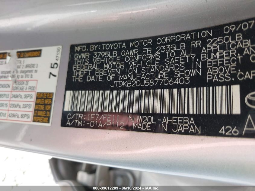 2008 Toyota Prius VIN: JTDKB20U587706403 Lot: 39612209