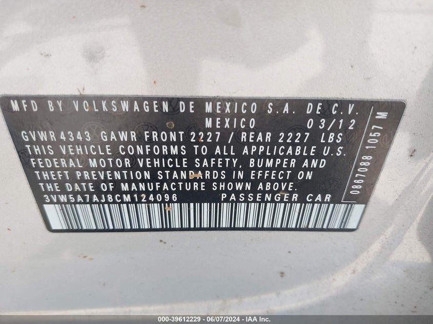 2012 Volkswagen Jetta Gli Autobahn W/Nav VIN: 3VW5A7AJ8CM124096 Lot: 39612229