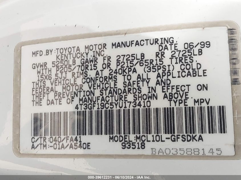 2000 Toyota Sienna Ce VIN: 4T3GF19C5YU173410 Lot: 39612231