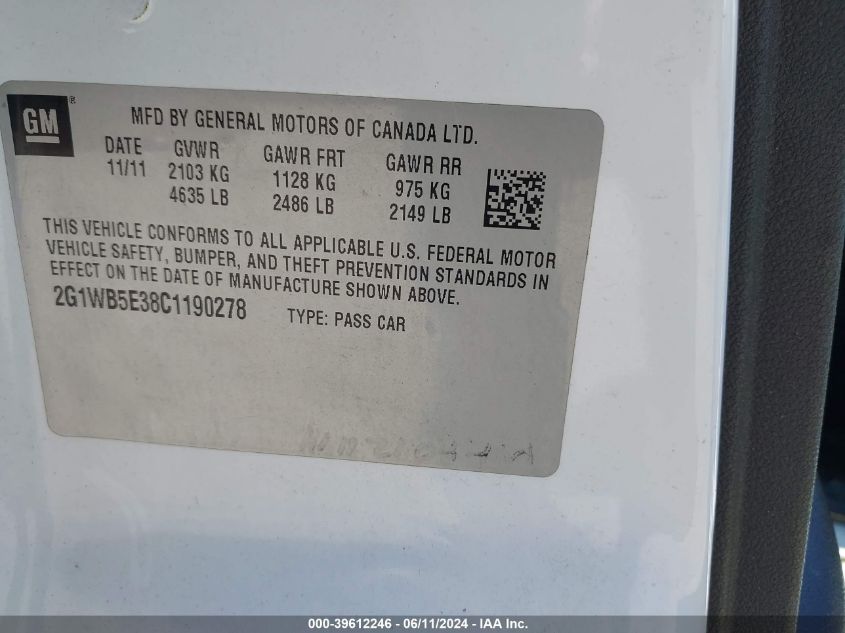 2012 Chevrolet Impala Lt VIN: 2G1WB5E38C1190278 Lot: 39612246