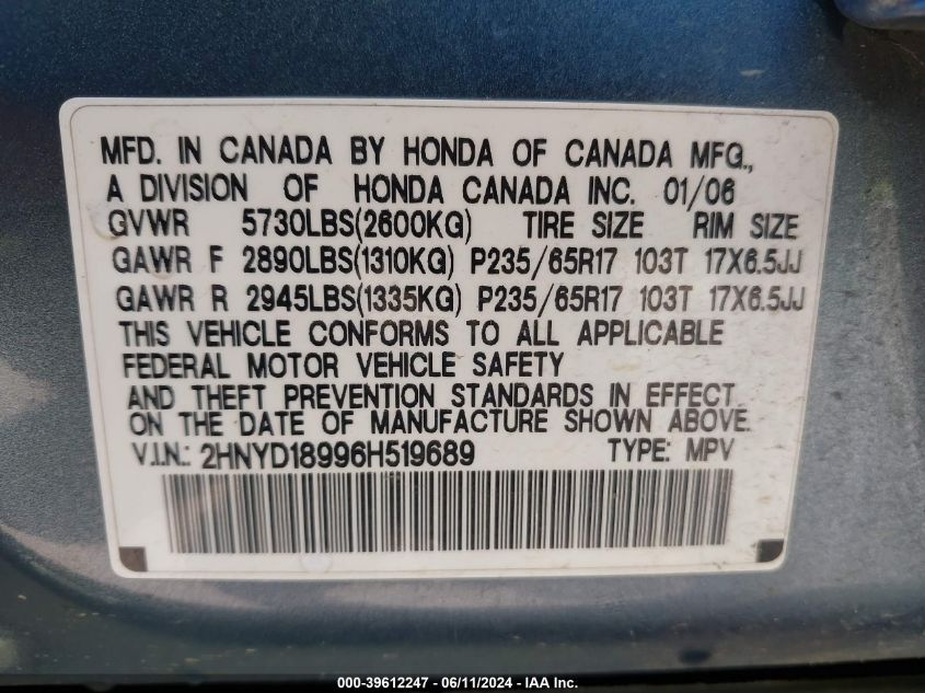 2006 Acura Mdx VIN: 2HNYD18996H519689 Lot: 39612247