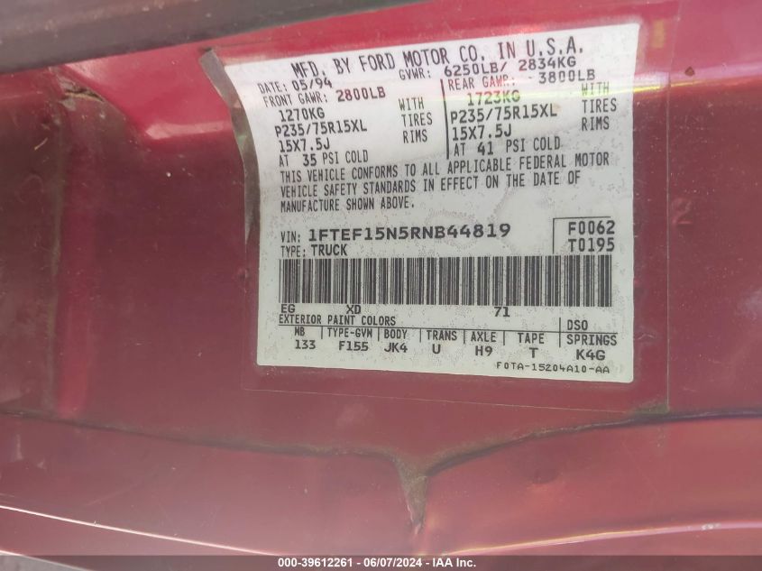 1994 Ford F150 VIN: 1FTEF15N5RNB44819 Lot: 39612261