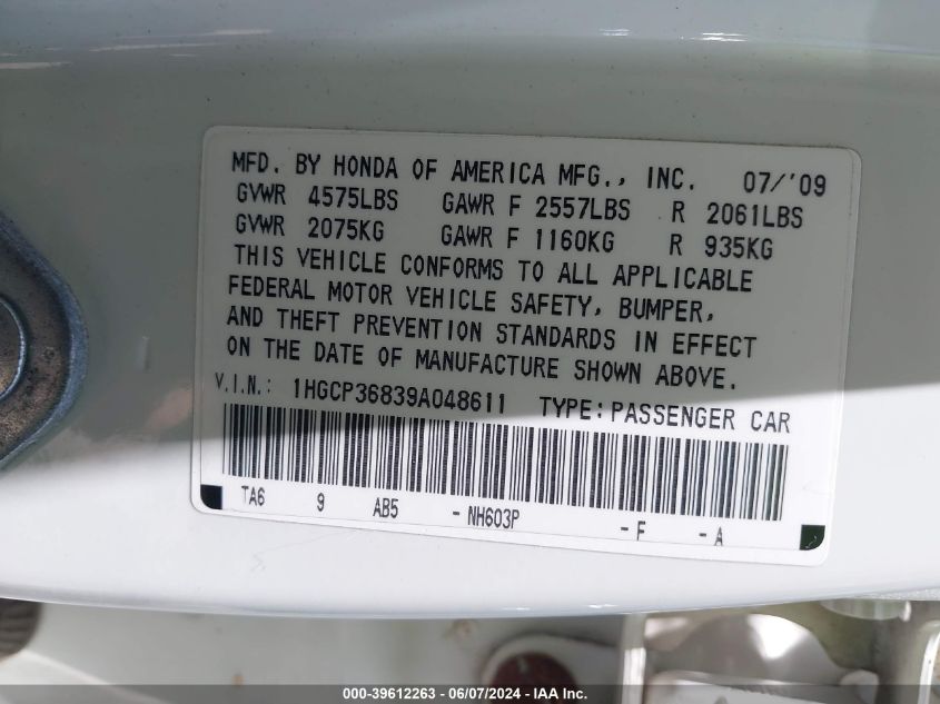 2009 Honda Accord 3.5 Ex-L VIN: 1HGCP36839A048611 Lot: 39612263