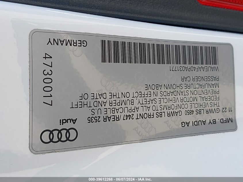 2023 Audi A4 Premium Plus 45 VIN: WAUEAAF40PA031771 Lot: 39612268