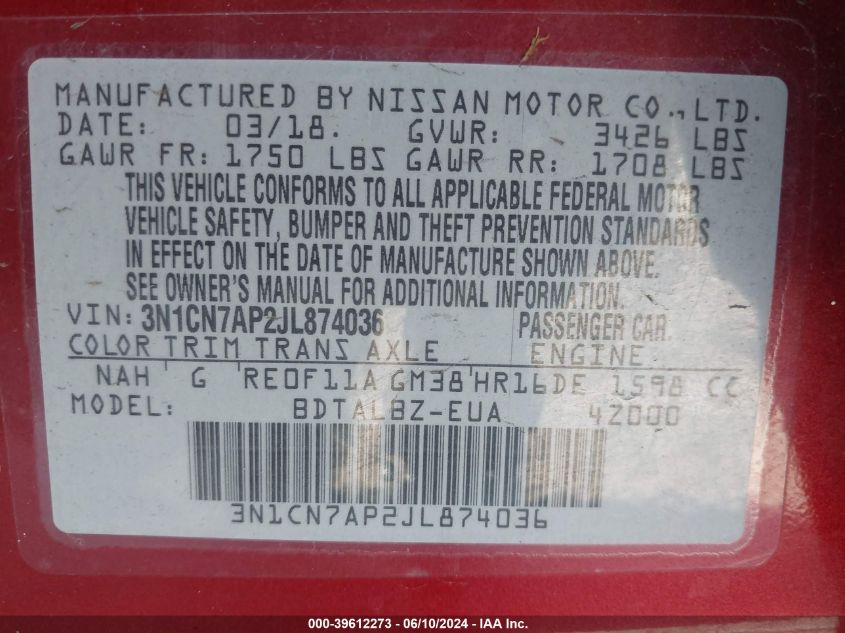 2018 Nissan Versa 1.6 Sv VIN: 3N1CN7AP2JL874036 Lot: 39612273