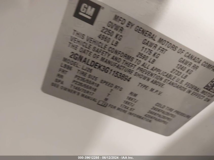 2016 Chevrolet Equinox Ltz VIN: 2GNALDEK3G1153894 Lot: 39612285