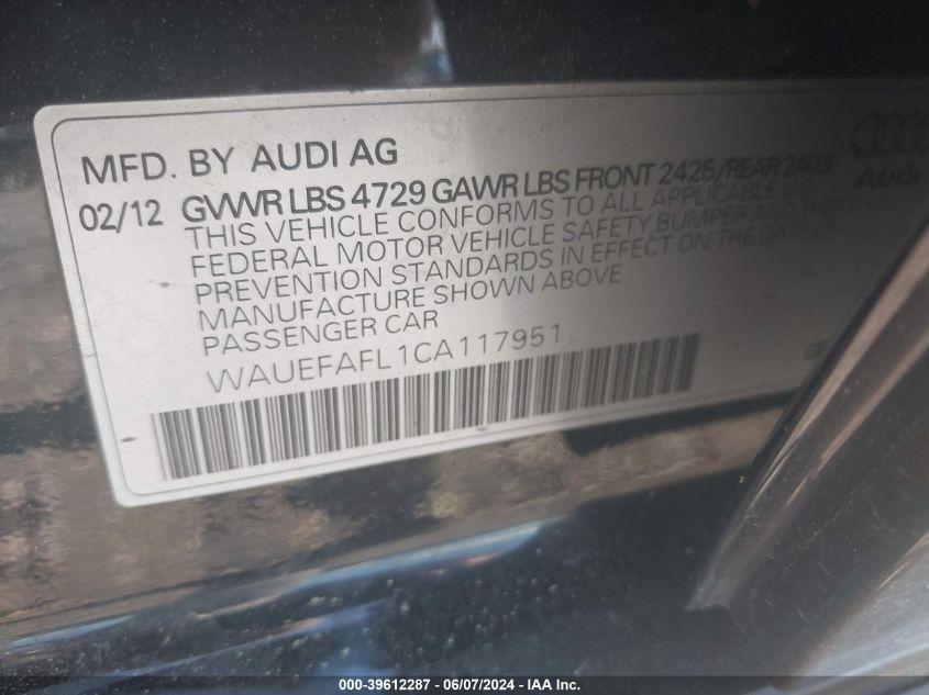 WAUEFAFL1CA117951 | 2012 AUDI A4