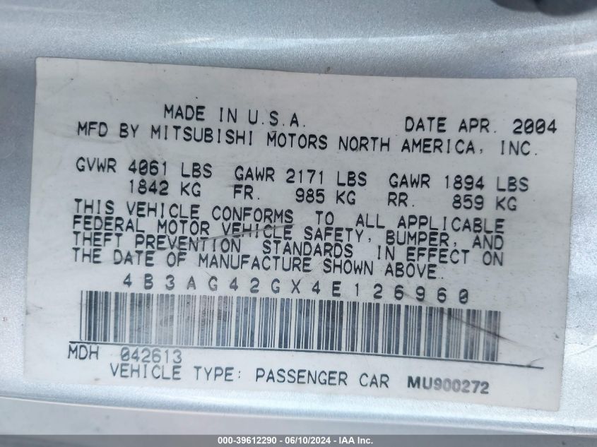 2004 Dodge Stratus Sxt VIN: 4B3AG42GX4E126960 Lot: 39612290