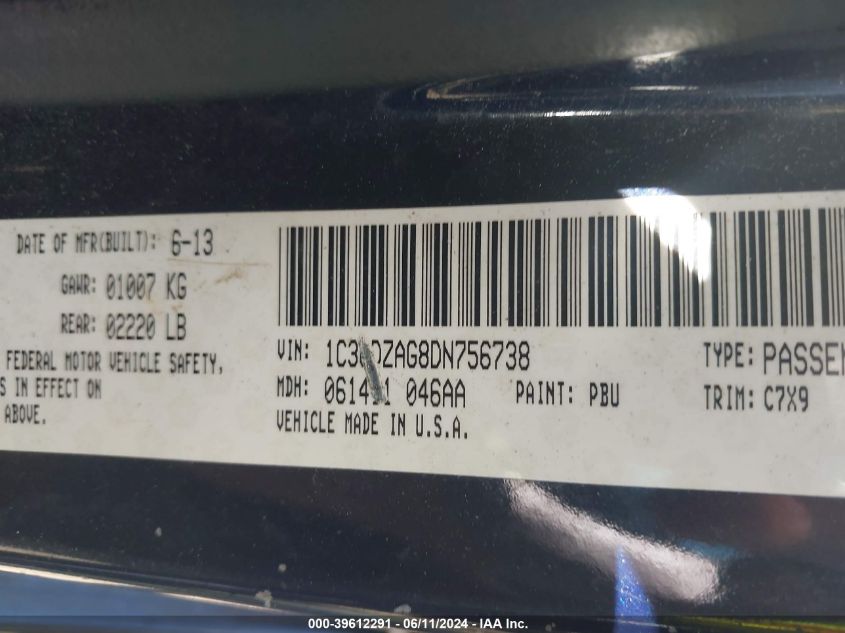 2013 Dodge Avenger Se V6 VIN: 1C3CDZAG8DN756738 Lot: 39612291