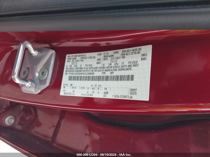 2017 Ford Escape Se VIN: 1FMCU0GD0HUC24850 Lot: 39612304