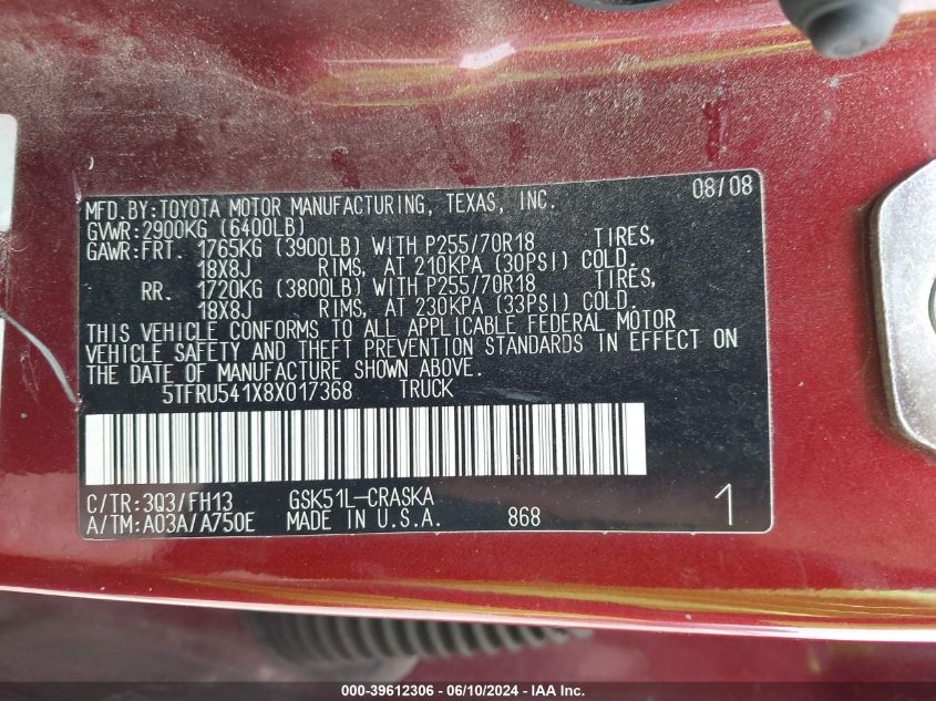 2008 Toyota Tundra Base V6 VIN: 5TFRU541X8X017368 Lot: 39612306