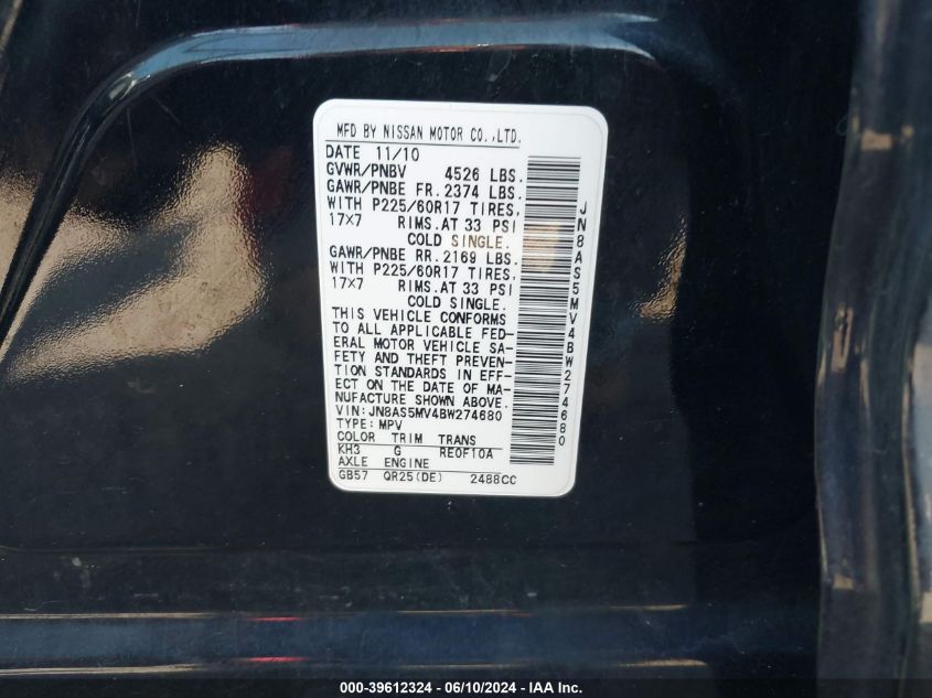 2011 Nissan Rogue Sv VIN: JN8AS5MV4BW274680 Lot: 39612324