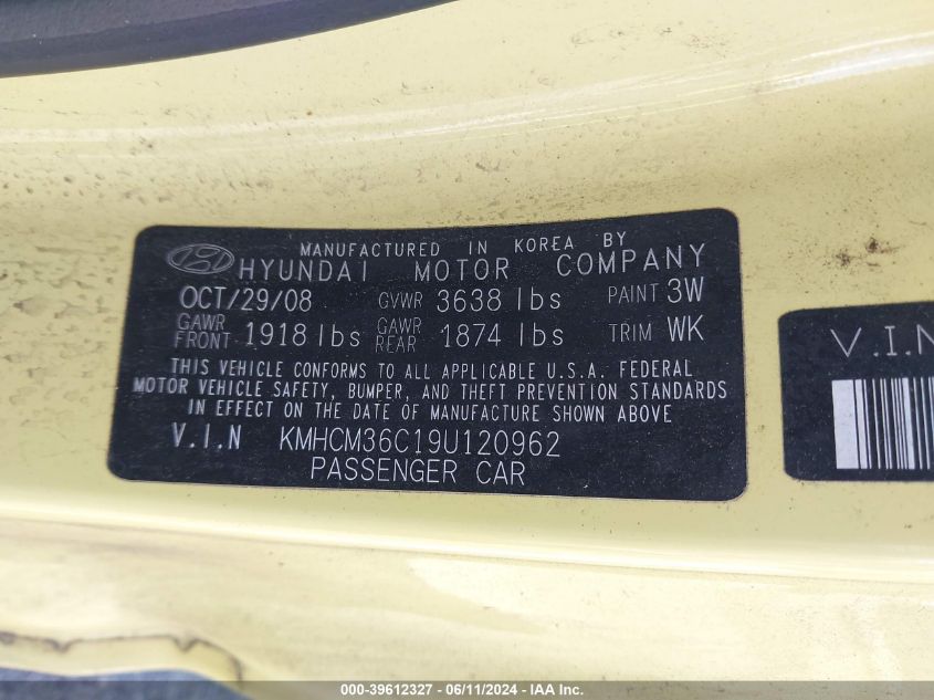 2009 Hyundai Accent Gs VIN: KMHCM36C19U120962 Lot: 39612327