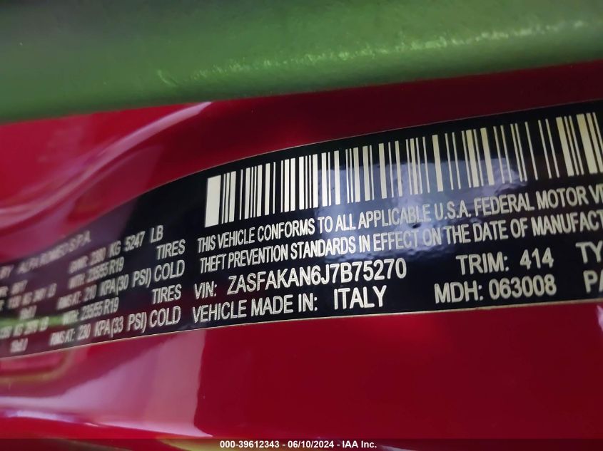 2018 Alfa Romeo Stelvio Awd VIN: ZASFAKAN6J7B75270 Lot: 39612343