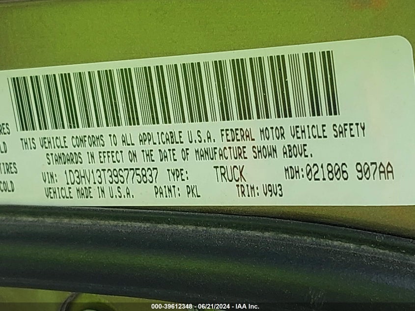 2009 Dodge Ram 1500 Slt/Sport/Trx VIN: 1D3HV13T39S775837 Lot: 39612348