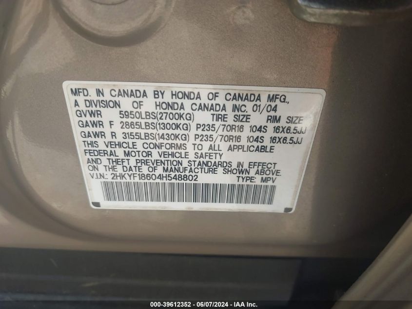 2004 Honda Pilot Ex-L VIN: 2HKYF18604H548802 Lot: 39612352