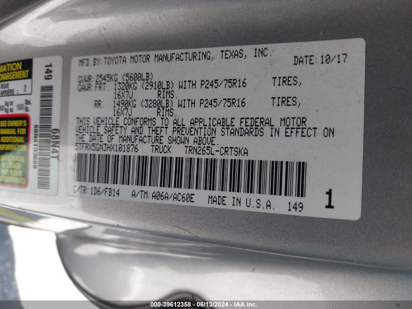 2017 Toyota Tacoma Sr VIN: 5TFRX5GN3HX101876 Lot: 39612358