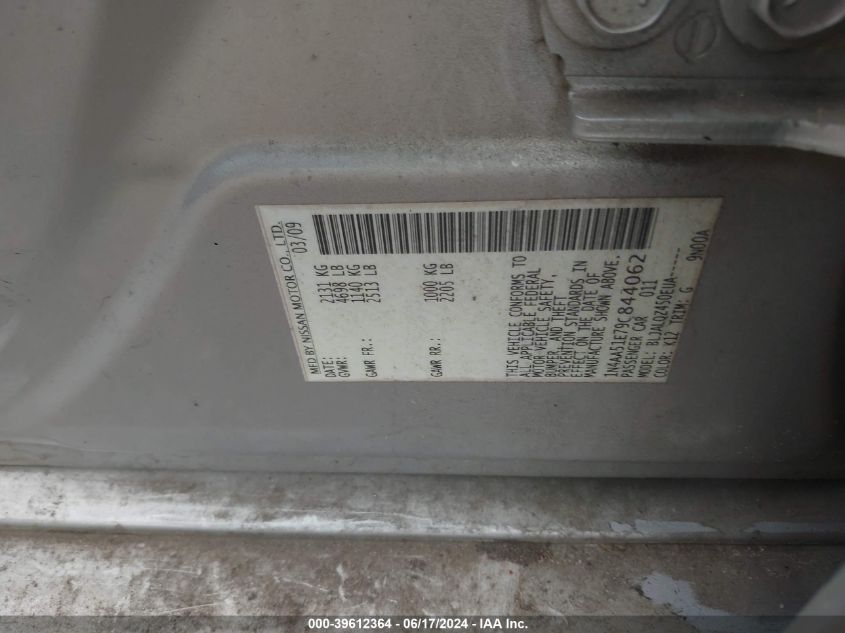 2009 Nissan Maxima S/Sv VIN: 1N4AA51E79C844062 Lot: 39612364