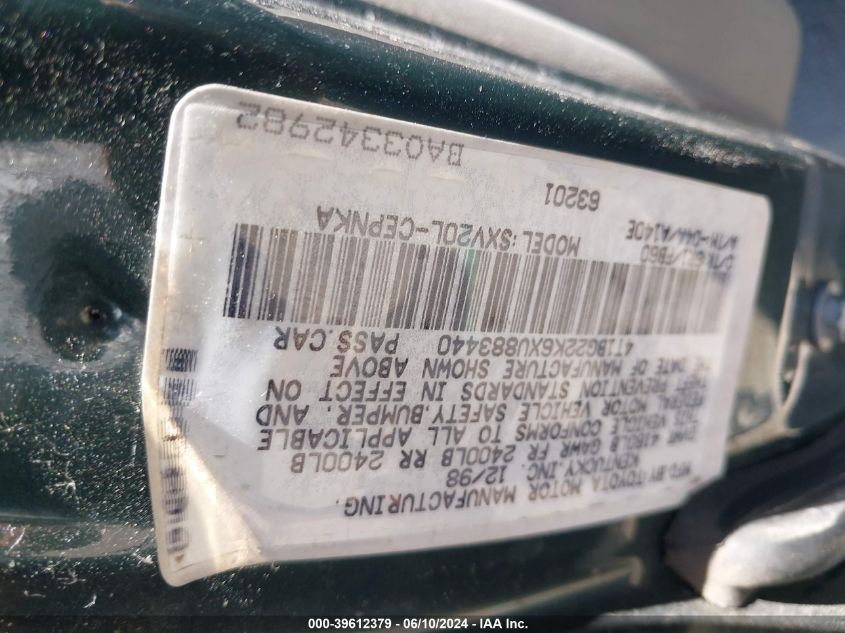 1999 Toyota Camry Le VIN: 4T1BG22K6XU883440 Lot: 39612379