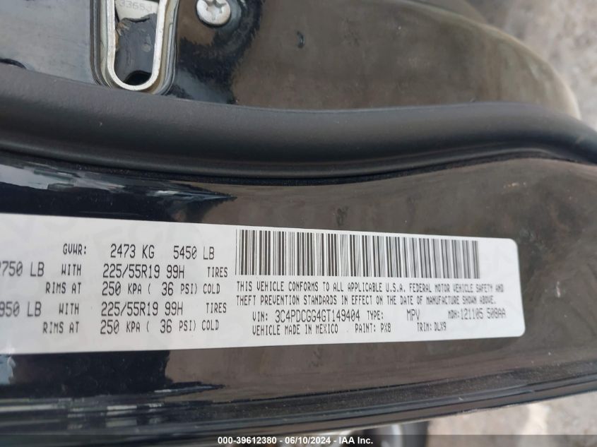 2016 Dodge Journey Crossroad Plus VIN: 3C4PDCGG4GT149404 Lot: 39612380