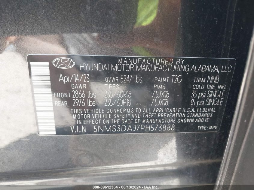 2023 Hyundai Santa Fe Sel VIN: 5NMS3DAJ7PH573888 Lot: 39612384