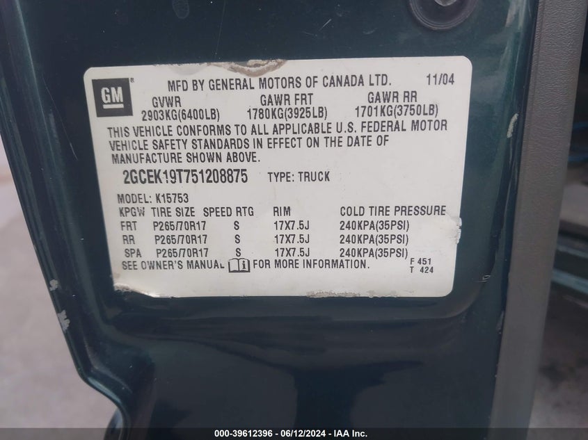 2005 Chevrolet Silverado 1500 Ls VIN: 2GCEK19T751208875 Lot: 39612396