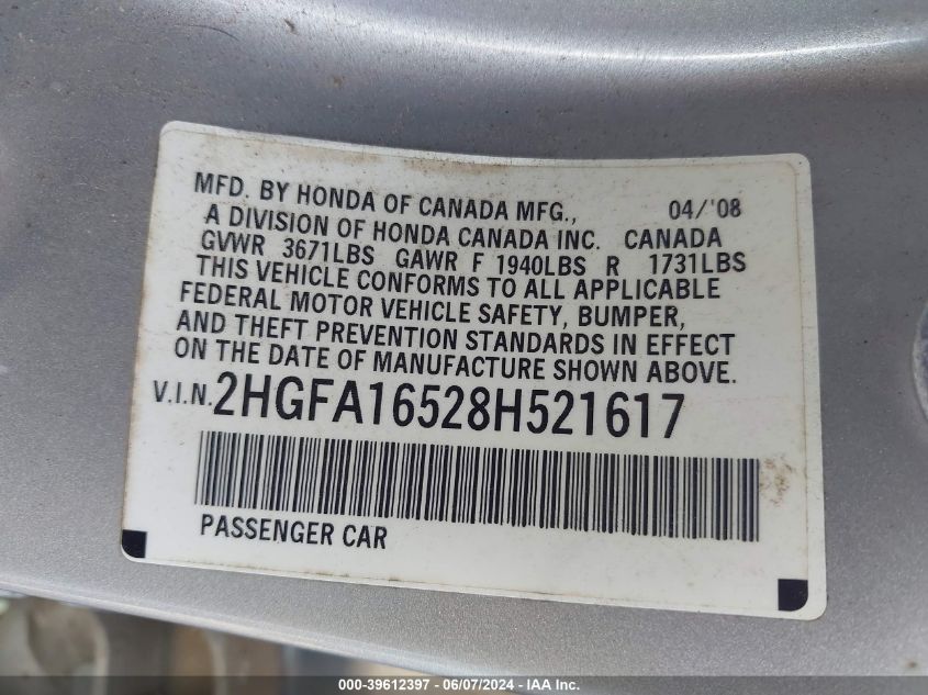 2008 Honda Civic Lx VIN: 2HGFA16528H521617 Lot: 39612397