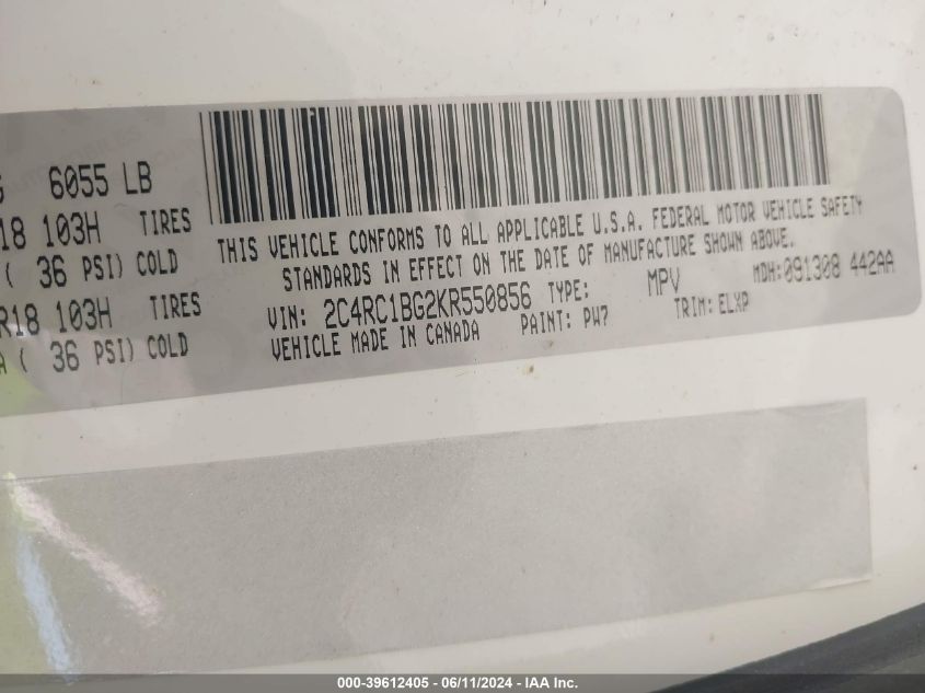 2019 Chrysler Pacifica Touring L VIN: 2C4RC1BG2KR550856 Lot: 39612405