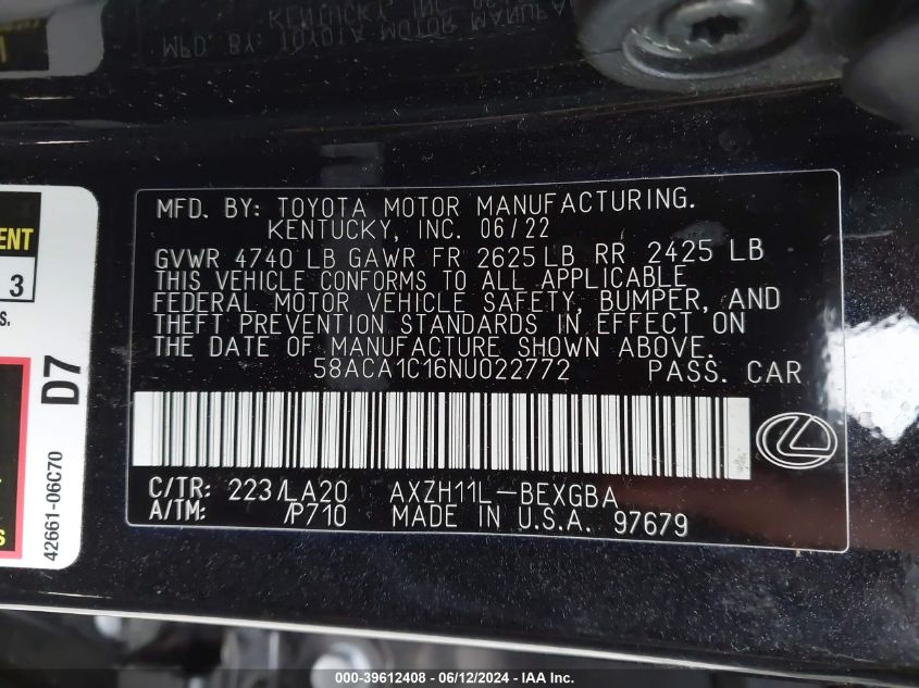 2022 Lexus Es 300H VIN: 58ACA1C16NU022772 Lot: 39612408