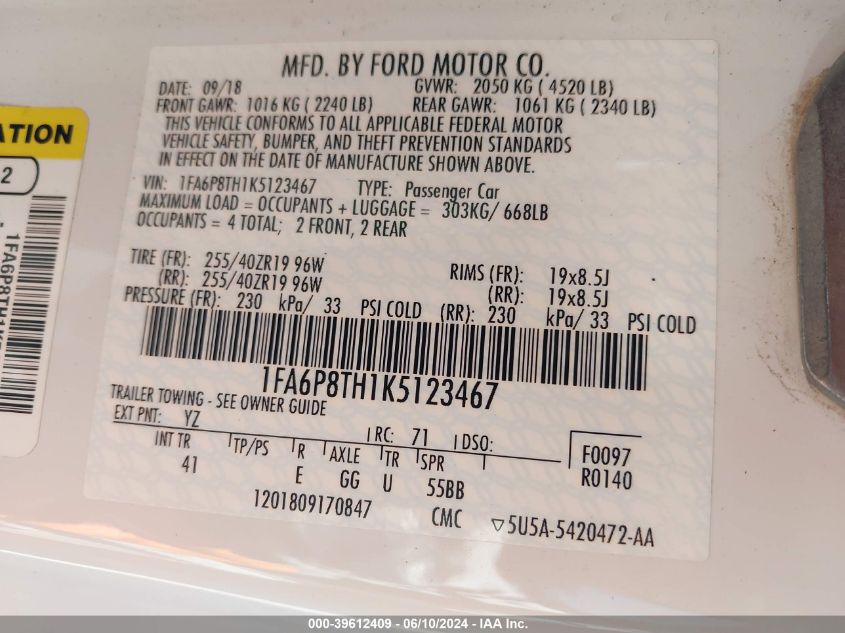 2019 Ford Mustang Ecoboost Premium VIN: 1FA6P8TH1K5123467 Lot: 39612409