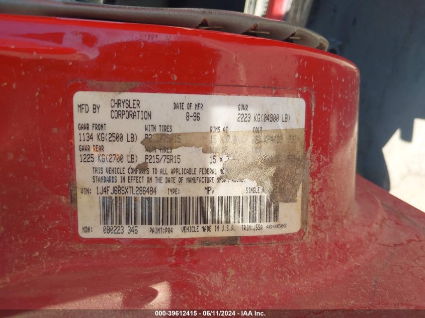 1996 Jeep Cherokee Sport/Classic VIN: 1J4FJ68SXTL286484 Lot: 39612415
