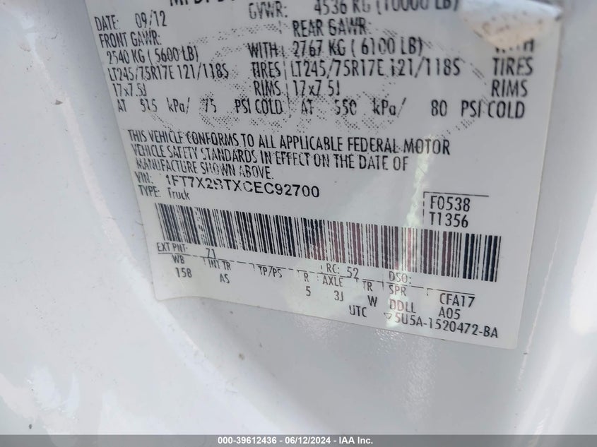 2012 Ford F-250 Xl VIN: 1FT7X2BTXCEC92700 Lot: 39612436