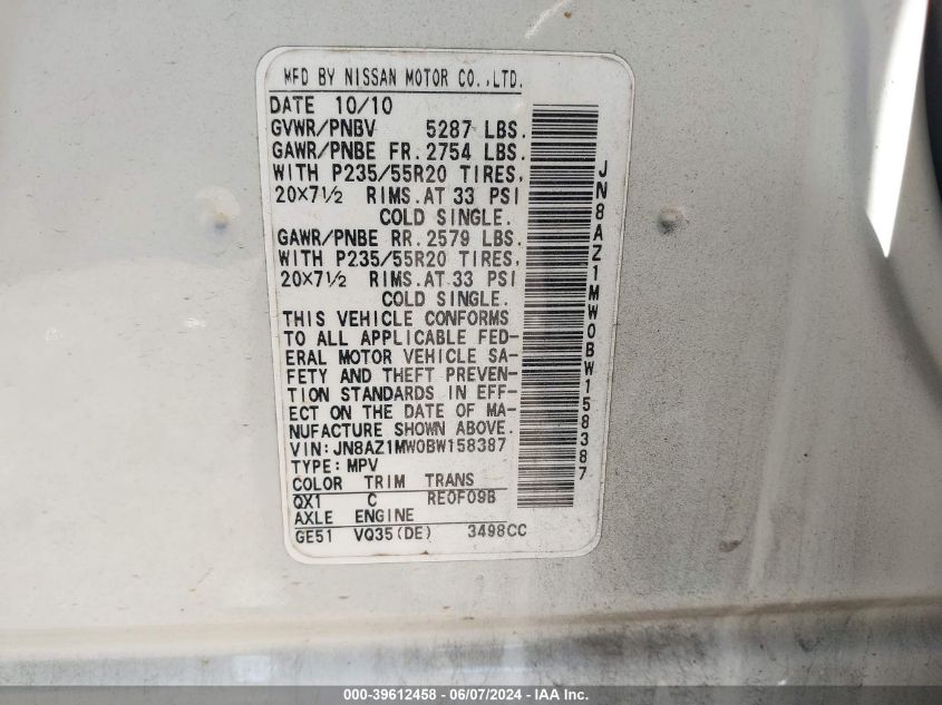 2011 Nissan Murano Le VIN: JN8AZ1MW0BW158387 Lot: 39612458
