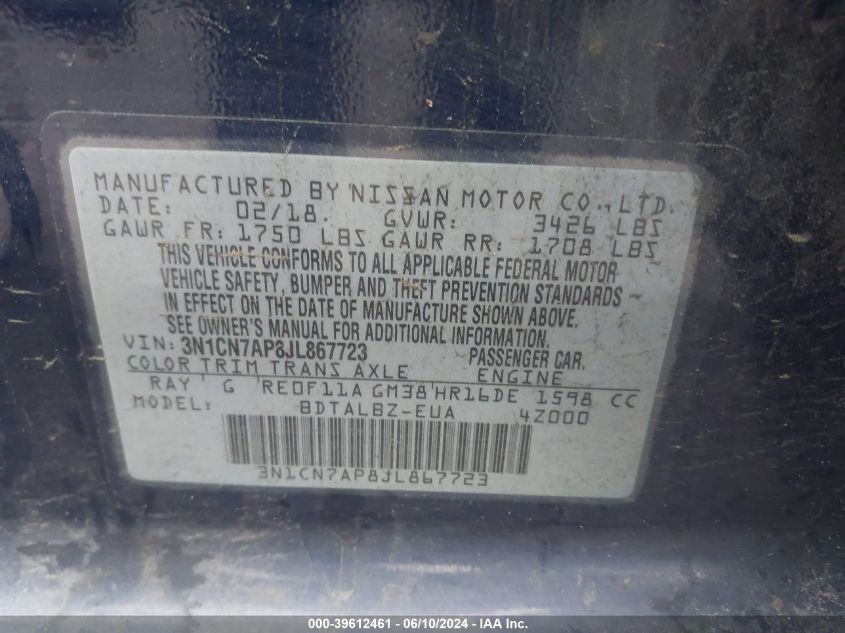 3N1CN7AP8JL867723 2018 Nissan Versa 1.6 Sv