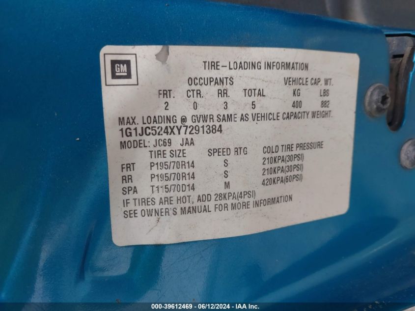 2000 Chevrolet Cavalier VIN: 1G1JC524XY7291384 Lot: 39612469