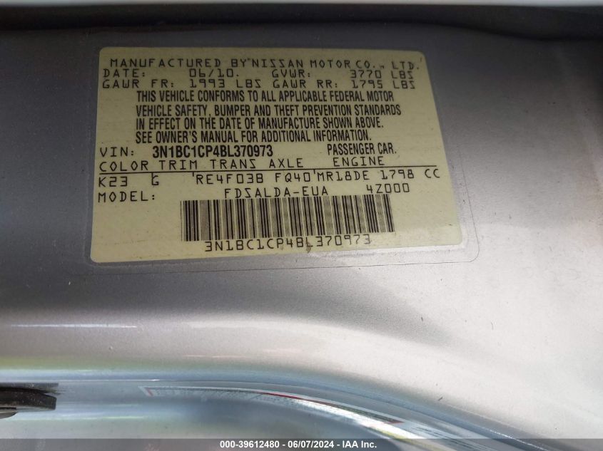 2011 Nissan Versa 1.8S VIN: 3N1BC1CP4BL370973 Lot: 39612480