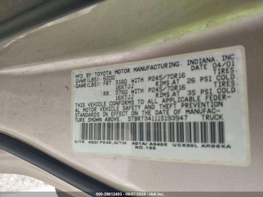 2001 Toyota Tundra Sr5 V8 VIN: 5TBRT34111S193947 Lot: 39612483