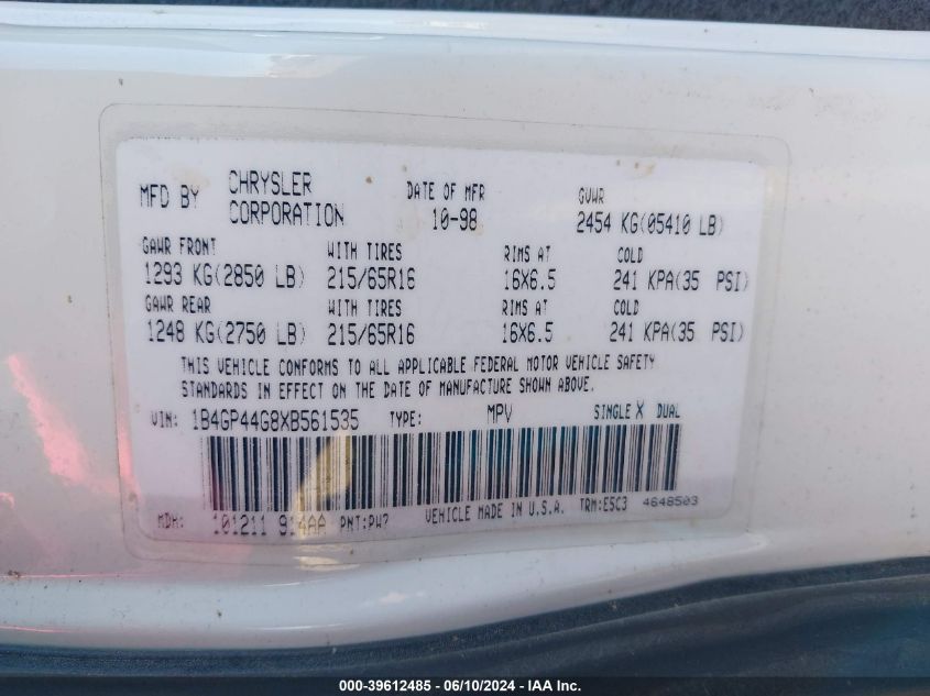 1999 Dodge Grand Caravan Se VIN: 1B4GP44G8XB561535 Lot: 39612485