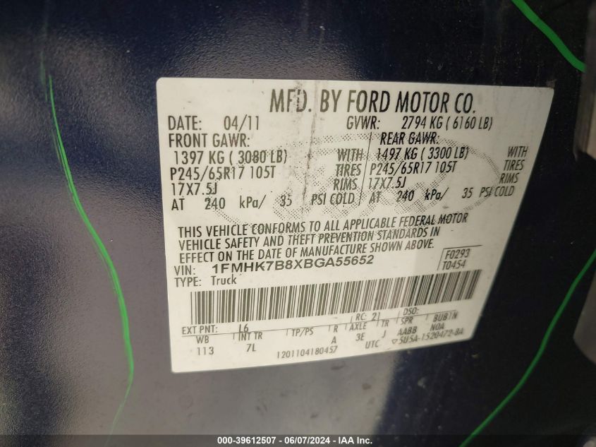 2011 Ford Explorer VIN: 1FMHK7B8XBGA55652 Lot: 39612507